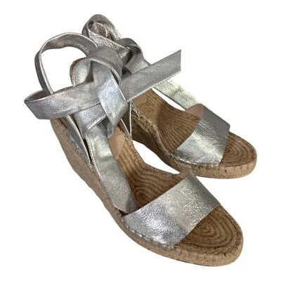 Sandalias Loeffler Randall 6.5 B para mujer alpargata de cuero arpa plateada corbata de cuña Foto 1 de 4