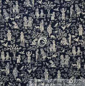 BonEful Fabric FQ Cotton Quilt VTG Navy Dark Blue Animal Shabby Chic Cat Dog Pet - Picture 1 of 11