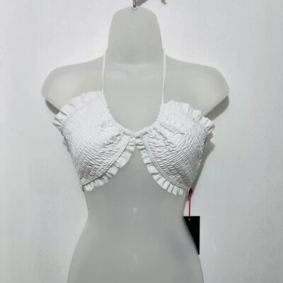 South Beach White Smocked Ruffle Halter Bikini Top Swimsuit Sz 8 beach resort - Image 1 of 4