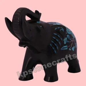 Estatuilla de elefante de mármol negro - con incrustaciones de turquesa, lapislázuli y cornalina - Imagen 1 de 8