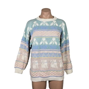 Vtg 80s Rose Brand Cat Pullover Sweater Kawaii Cat Pastel Glitter Shimmer M/L - Picture 1 of 9