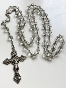 Vintage STERLING SILVER & Faceted Crystal Religious Rosary Beads Necklace - Picture 1 of 8