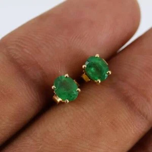 925 Sterling Silver Gemstone Earrings Oval Emerald Solitaire Stud Earrings - Picture 1 of 2