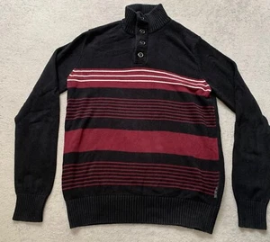 Sean John Sweater Men Medium Black Stripes Casual Knit Button Pullover Cotton - Picture 1 of 18