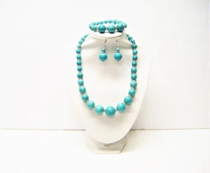 Graduated Turquoise Howlite w/Crystal Rhinestone Bead Choker Neck/Brace/Earring - Picture 1 of 9