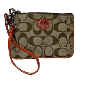 Coach Signature Canvas Classic Brown Beige Wristlet Clutch Zip Wallet Coin Purse - Picture 1 of 6