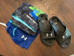 Lot 4 Piece UA Shorts Minecraft Swim Trunks Underarmour Slides Boys S 5/6 - Picture 1 of 13