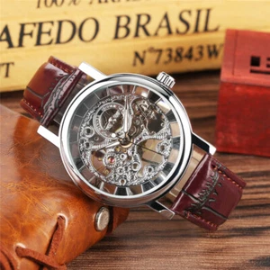 WINNER Men Business Watch Mechanical Hand Winding Watches Brown Leather Band - Picture 1 of 9