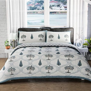 California King Quilt Set - Lightweight Summer Block Print Quilt Cal King - Dust - Picture 1 of 9
