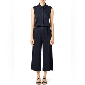 Vince Linen Blend Belted Culotte Cropped Jumpsuit Navy Blue Size 8 - Picture 1 of 10
