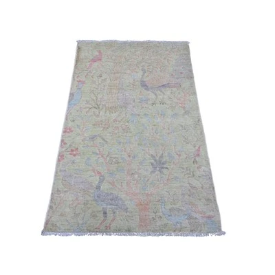 3'x4'8" Green Afghan Peshawar Birds Design Hand Knotted Soft Wool Rug G20268 - Image 1 of 4