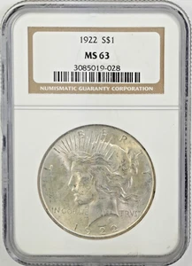 1922 Peace Silver Dollar MS63 NGC - Picture 1 of 2
