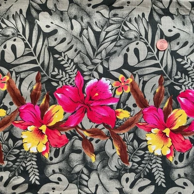 3 Yd x  57” Wide Vtg Hawiian Border Fabric Pink & Yellow Orchids On Green Leaves - Image 1 of 4