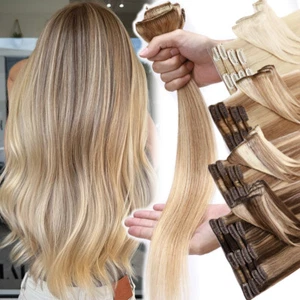 LIQUIDACIÓN Clip en Extensiones de Cabello Humano 100% Remy Cabeza Completa Resaltado 8-24 PULGADAS - Imagen 1 de 71