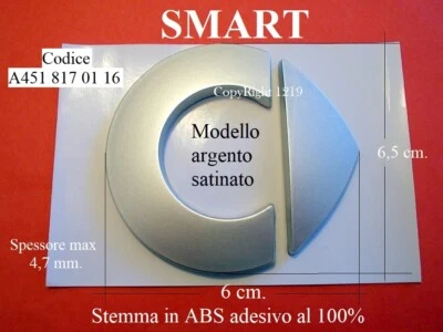 SMART ARGENTO SATINATO FORTWO FORFOUR Stemma ANTERIORE Badge Emblema Fregio Logo - Immagine 1 di 4