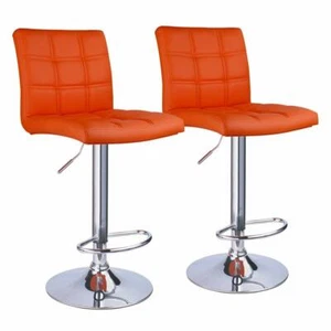 Set 2 Orange Air Lift Adjustable Bar Stool Faux Leather Swivel Seat Chrome Chair - Picture 1 of 5
