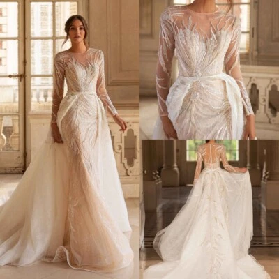 Vestido de novia de sirena con cuello en O lentejuelas brillantes tren desmontable vestidos de novia Foto 1 de 4