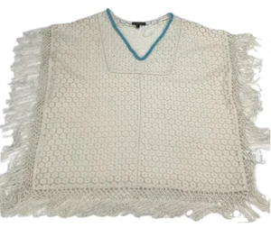 Alberto Makali Poncho Cape Womens Medium Ivory Cotton Fringe Lace Beaded V-Neck - Picture 1 of 8