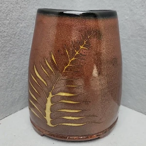 Foster Art Pottery Vase Signed Foster Brown Glaze Unique Palm Leaves - Picture 1 of 11