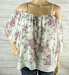 WAYF Cold Shoulder Blouse Medium White Mauve Floral Crochet Lace Trim BOHO Chic - Picture 1 of 12