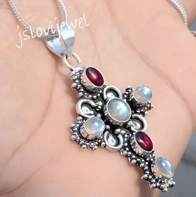 Joyería Cruz Cristiana Plata de Ley 925 Piedras Preciosas Granate Azul Labradorita y Granate Foto 1 de 4