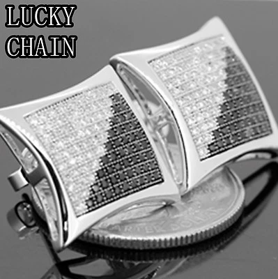 14K WHITE GOLD FINISH  BLACK WHITE LAB DIAMOND EARRING STUDS(18mm x 18mm)R9 - Image 1 of 2