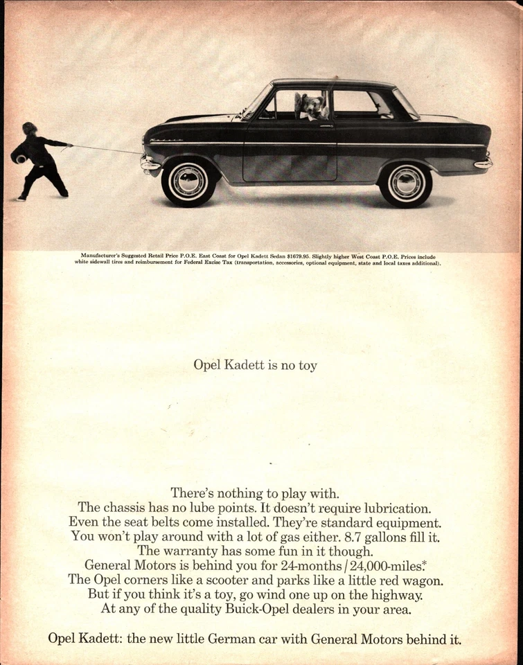 1964 Opel Kadett автомобиль немецкий автомобиль ребенок тянуть автомобиль винтажный печать объявление ностальгический c1 - Изображение 1 из 1