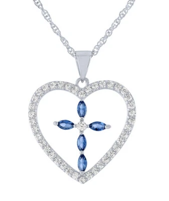 Colgante cruz corazón zafiro simulado enchapado en plata de ley BRILLIANCE y circonita Foto 1 de 4