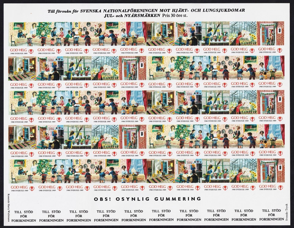 SWEDEN . 1988-89 Christmas Seal Sheet of 50 IMPERFORATED . Mint Never Hinged - Image 1 of 1