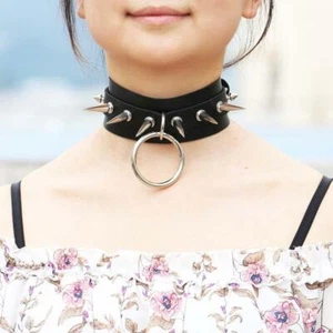 Spike Punk Goth Collar Necklace Leather Chockers Bondage Cosplay Round Collars - Picture 1 of 27