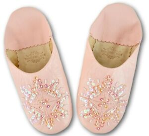 MOROCCAN LEATHER SEQUIN BABOUCHE SLIPPERS WOMENS SHEEPSKIN MULES **STAR DESIGN**