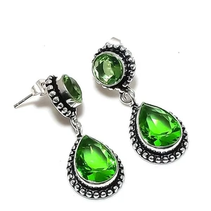 Green Peridot Gemstone 925 Starling Silver Jewelry Earring Stud Size 1.45" - Picture 1 of 1