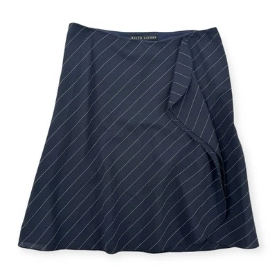 Falda Ralph Lauren a Rayas Para Mujer 10 Lana Línea A Volantes Cortos Azul Marino Hecha en EE. UU. Foto 1 de 4