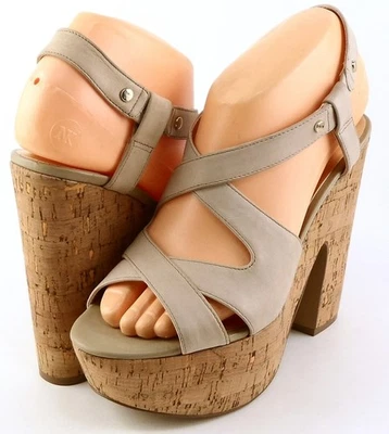 $110 GUESS TACKA Natural Leather Designer Cork Heel Platform Sandals 9.5 - Image 1 of 4