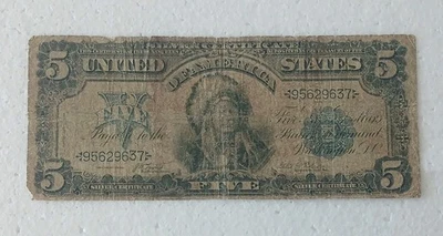 1899 $5 United States Silver Certificate - Indian Chief Large Note Blue Seal  - Image 1 of 4