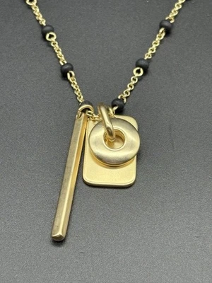 Lucky Brand Gold Tone Black Bead Chain w/ Cluster of Charms Necklace Adjustable - Image 1 of 4