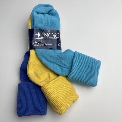 VTG 80s Girl’s Cotton Anklet Socks 3 Pack Colorful NOS Youth Honors USA Made - Image 1 of 4