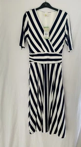 Boden BNWT Ruched Waist Jersey Midi Dress Navy & Ivory Stripe Fit Flare UK 8 R - Picture 1 of 20