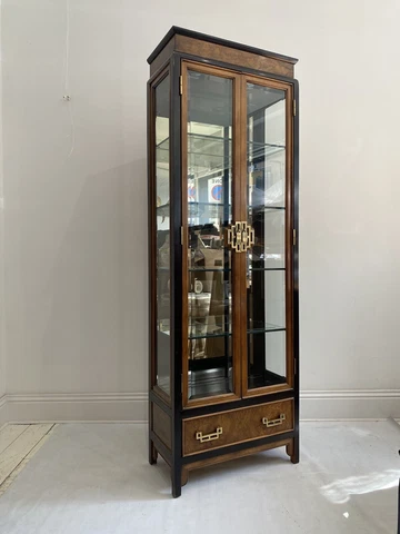 Burl Wood Brass Mirror Glass Display Cabinet Chinoiserie Vintage 1970s Drawers Cover