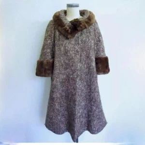 Vintage 60s Brown Wool Tweed Swing Coat S M Genuine Fur Collar Cuffs Forstmann - Picture 1 of 15