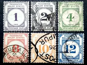 Federated Malay States 1924-1926 Postage Due Complete Set - 6v Used - Picture 1 of 2