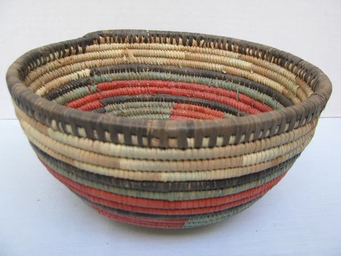 Africa Hand Woven 10" Coil Basket Bowl Tan Coral Jade Brown FolkArt Design Decor Cover
