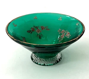 Miniture Emeral Green Bowl w/Handpainted Flowers 2-12" x 1-3/4" England - Picture 1 of 4