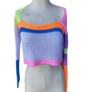 Colorblock Crochet Crop Sweater Rainbow Pastel Y2K Aesthetic Long Sleeve Top - Picture 1 of 12