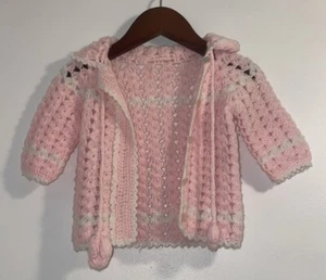 Vtg Pink & White Crocheted Sweater - Baby Clothes - Picture 1 of 2