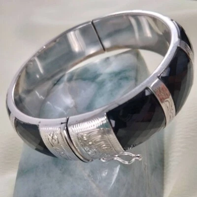Genuine Black Spinel Bangle Silver Frame Thick and Strong Oval Shape Decorated - Image 1 of 4