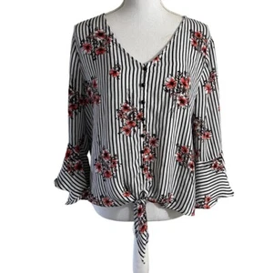 MM by My Michelle Striped Floral Blouse XL 3/4 Bell Sleeves Lightweight V Neck - Picture 1 of 9