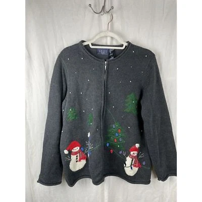 Suéter de inverno Crazy Horse cinza tamanho grande zíper completo árvore boneco de neve férias - Imagem 1 de 4