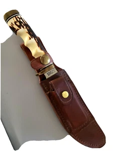 VINTAGE SCHRADE USA 153UH GOLDEN SPIKE FIXED BLADE KNIFE W ORIG. LEATHER SHEATH - Picture 1 of 3