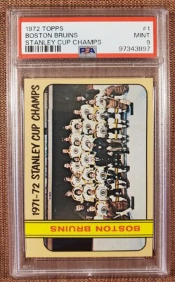 1972 Topps #1 Boston Bruins Stanley Cup Hockey Card PSA 9 Mint Orr Esposito - Image 1 of 2